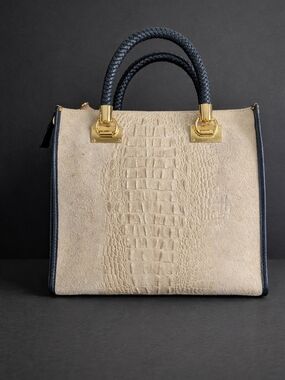 Suede Leather Croc-Embossed Top-Handle Tote in Beige and Black